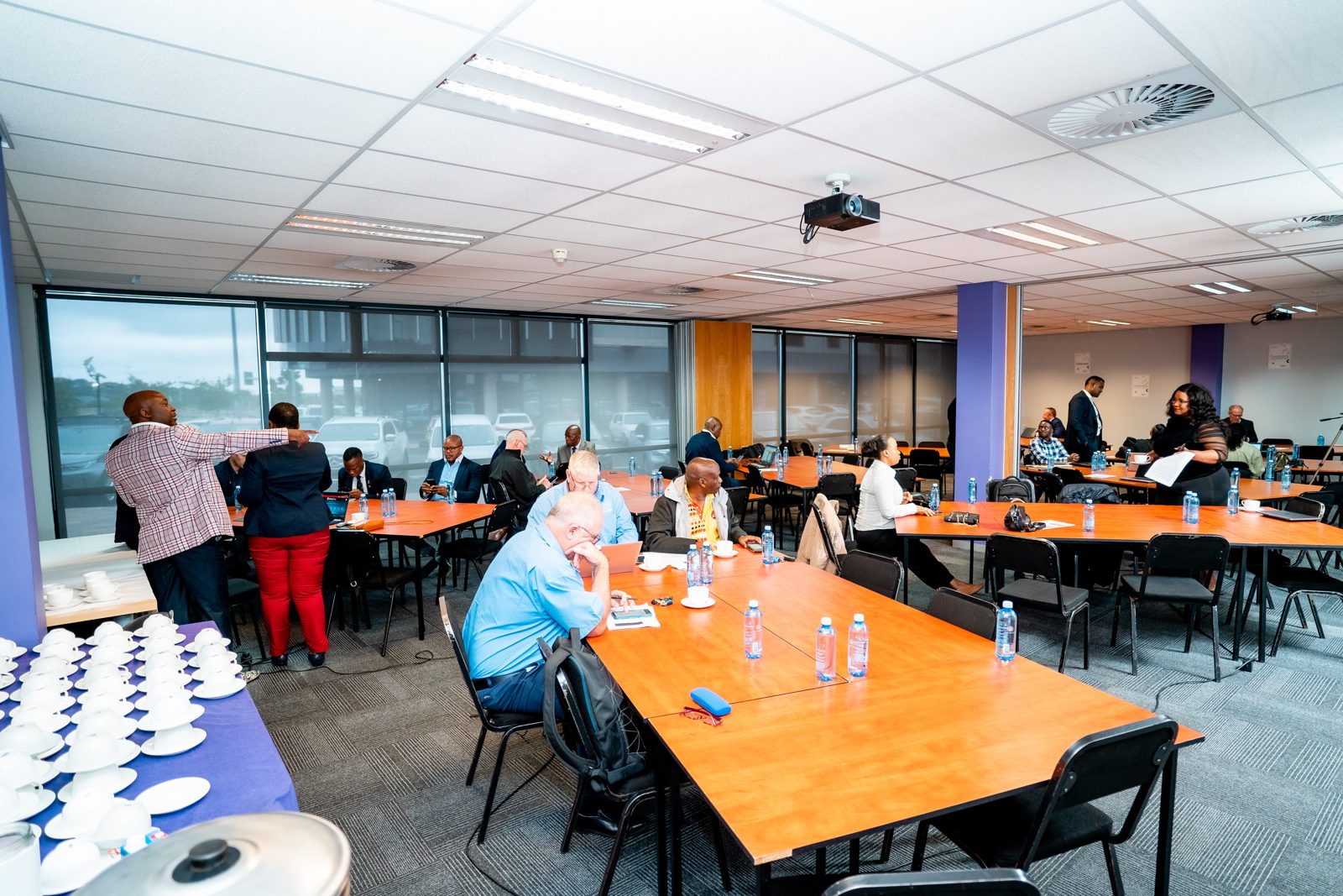 Wide view of the seminar room with delegates at tables